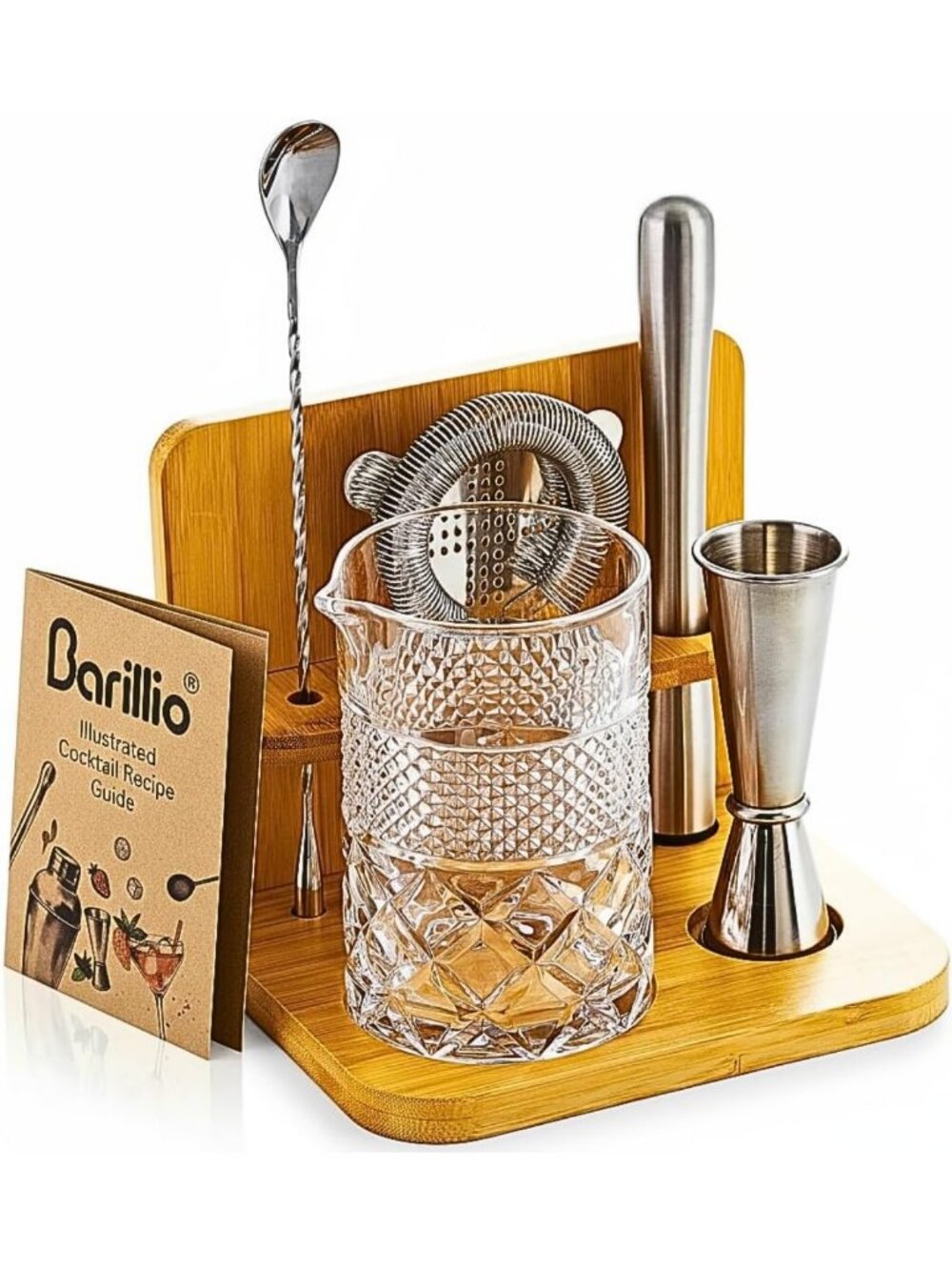24 Oz Crystal Cocktail Mixing Glass Set with Bamboo Stand & Bar Tools
